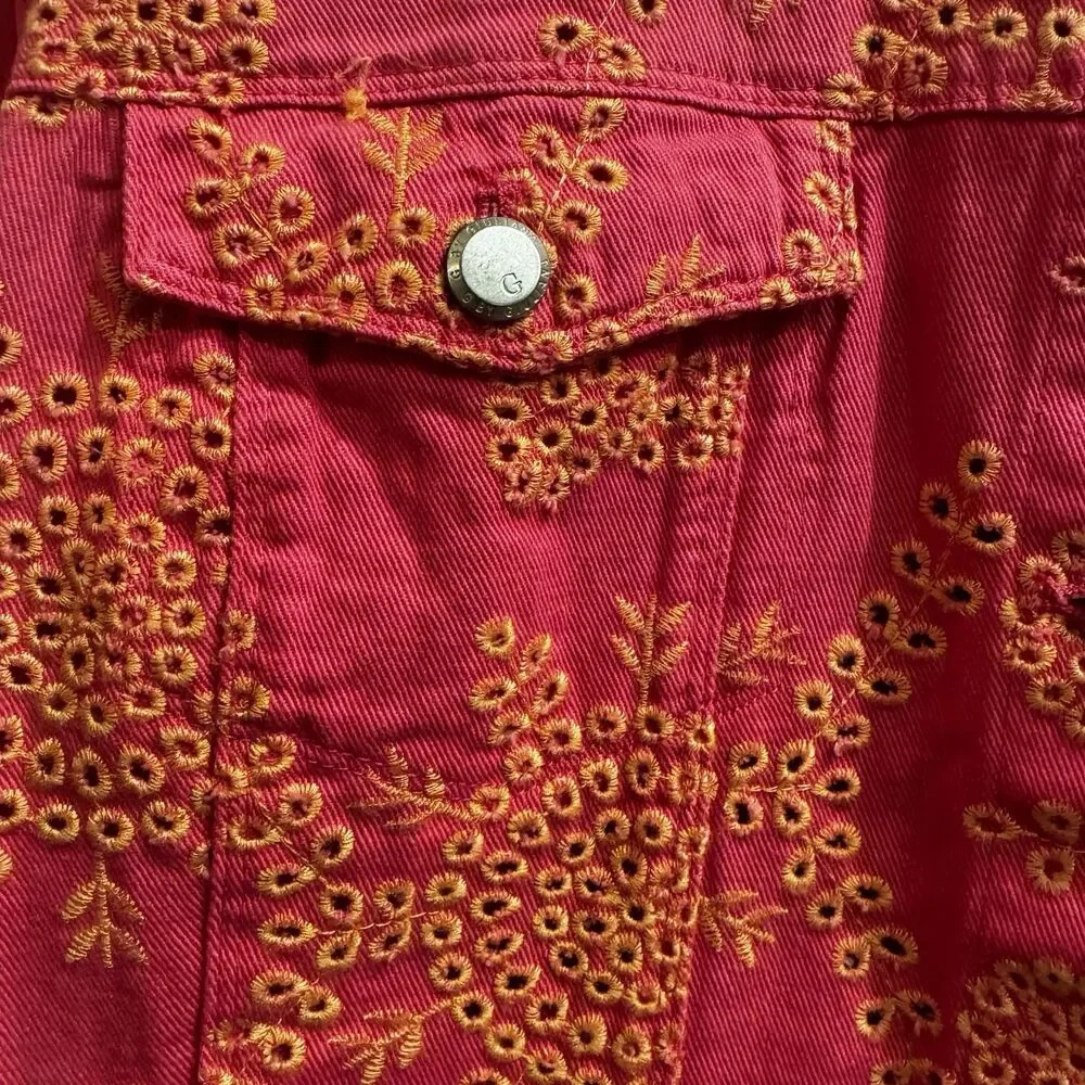 G by Giuliana Women's Black Label Puff-Sleeve Eyelet Jean Jacket Magenta Size 1X